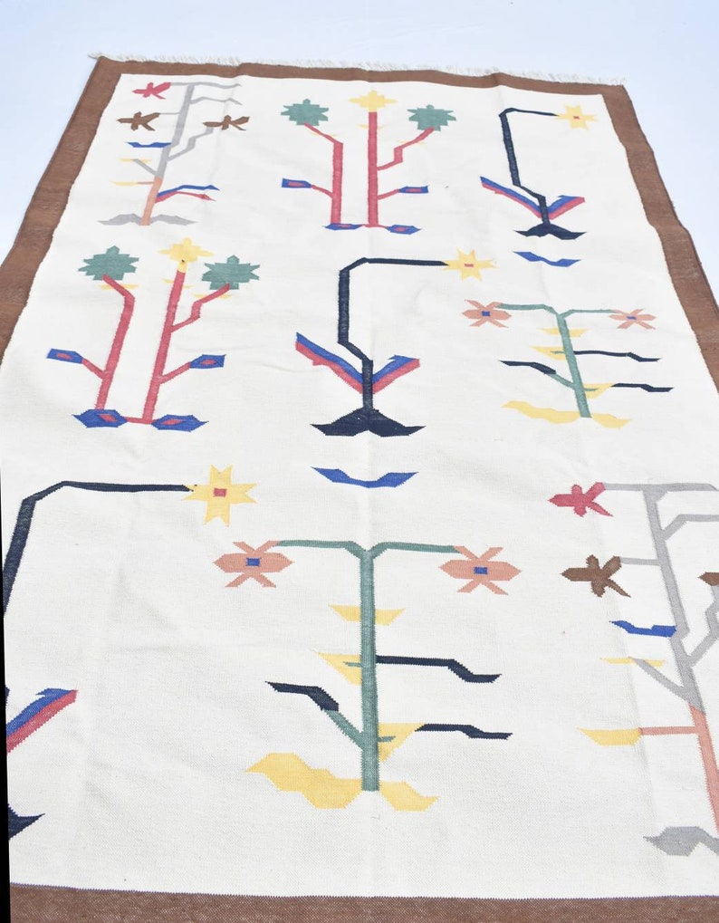 4' X 6' Cotton Beautiful Hand Woven Rug Dhurrie Brown Border Handmade