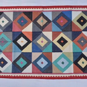 3x5 Cotton Beautiful Red Border with Mix Colourful Hand woven Dhurrie Rug- Carpet Design Kilim Rug