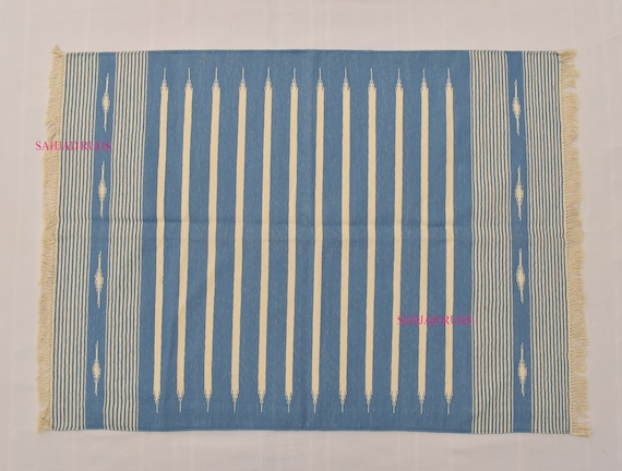 Handmade Sky Blue Striped Cotton Rug: Modern Kilim Woven Rug