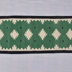 Multiple Sizes Cotton Green And Black With white Modern  Hand woven Runner Rug- Reversible Runner Kilim