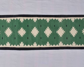 Multiple Sizes Cotton Green And Black With white Modern  Hand woven Runner Rug- Reversible Runner Kilim