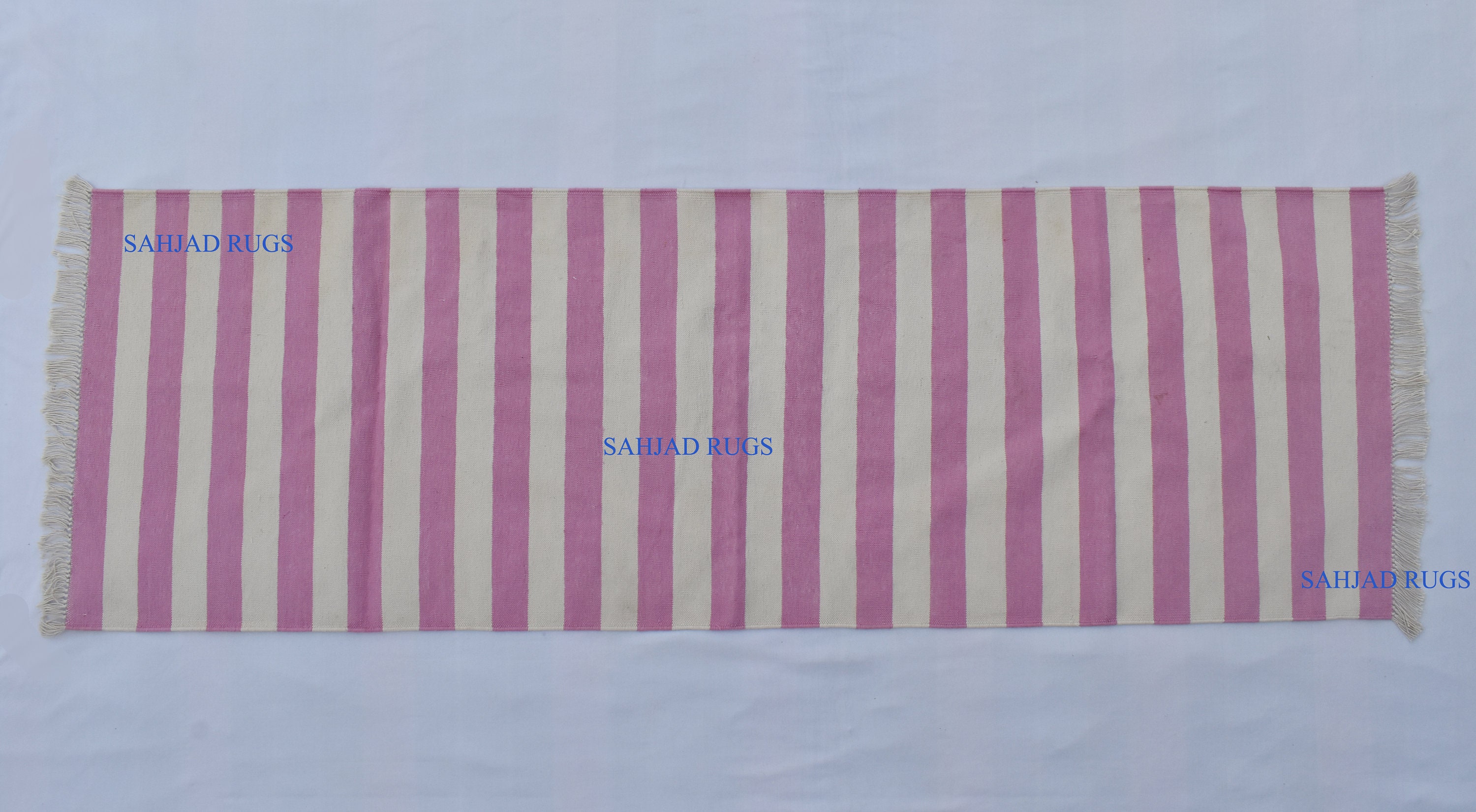 Multiple Sizes Cotton Light pink And white Modern  Simple Stripes Hand woven Runner Rug- Reversible Runner Kilim