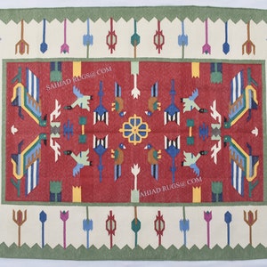 4x6 Cotton Red and Green with white Traditional- Premium design Hand woven Reversible Dhurrie Rug Kilim