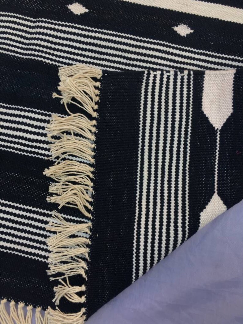 3x5 Black and White Cotton Rug dhurrie- Stripes Rug | International Shipping in 7 days image 4