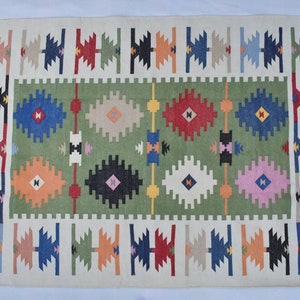 4x6 Cotton Green and Off White Rug - Premium design Hand woven Reversible Dhurrie Rug Kilim