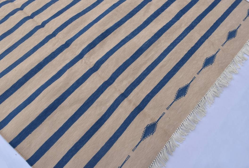 【myu_.】 Multiple Sizes Beige & Indigo Blue Cotton Handmade Modern Stripes