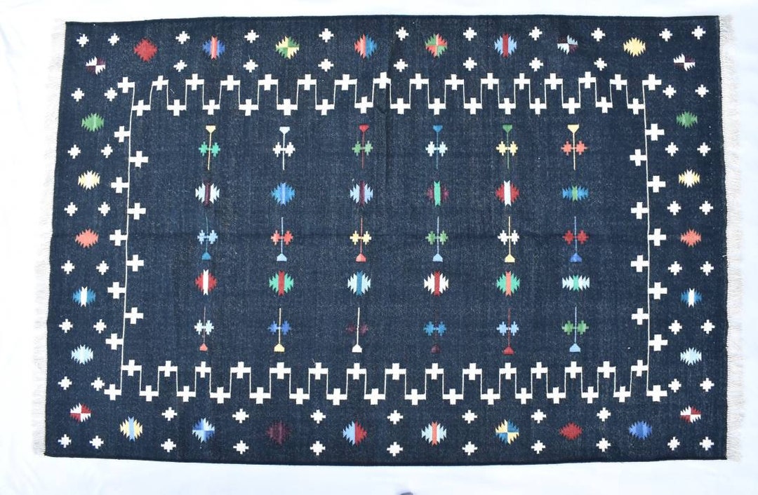 4x6 Black Handmade Modern Pattern Rug- Flat Weave and Hand Woven Kilim ...