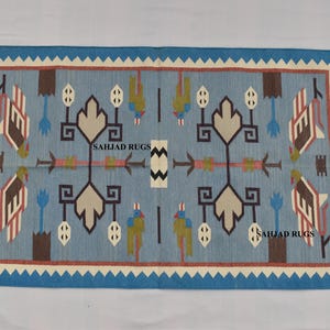 3x5 Cotton Blue Hand Woven Rug - Traditional design Hand woven Reversible Dhurrie Rug Kilim