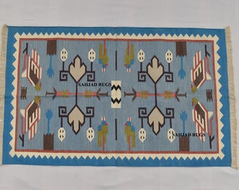 Tapis dhurrie en coton tissé à la main : 3 x 5 kilim traditionnel bleu