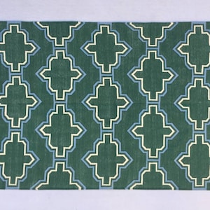 Dimensioni multiple cotone verde, blu cielo e bianco tappeto di cotone fatto a mano Dhurrie - Colore molto bello
