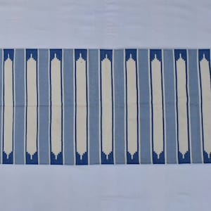 Blue and White Modern Striped Cotton Flat weave Hand woven rug- Reversible Kilim Rug