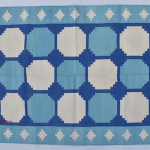Blue and white With Turquoise Cotton Handmade Modern Pattern Rug- Flat weave and Hand woven Kilim Rug