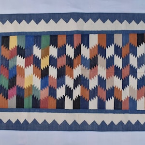 3x5 Cotton Beautiful Blue Border with Mix Colourful Hand woven Dhurrie Rug- Carpet Design Kilim Rug