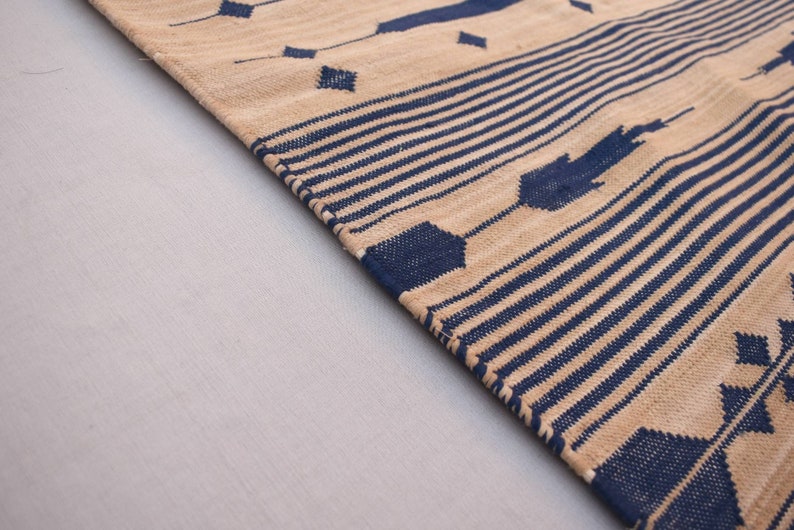 Multiple Sizes Cotton Beige and Blue Modern Stripes Runner Rug Woven Kilim Rug image 6