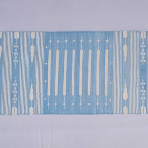 Puede incluir: Una alfombra a rayas azul y blanca con un patr&oacute;n geom&eacute;trico. La alfombra tiene flecos en ambos extremos.