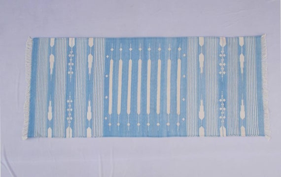 Light Denim Cotton Runner Handmade Rug Runner- Multi Sizes Light Denim Blue and white Hand woven