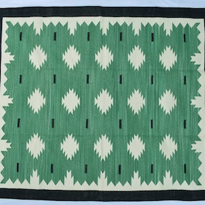 Square Sizes Rustic Green and Black Cotton Handmade Modern Rug- Flat weave and Hand woven Kilim Rug