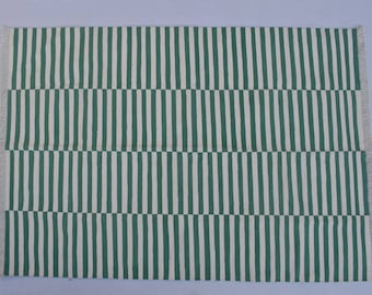 Handmade Green and White Striped Cotton Rug – Flat Weave Kilim