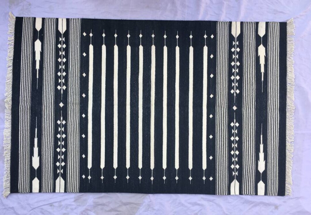 3x5 Black and White Cotton Rug Dhurrie Stripes Handmade Rug Etsy