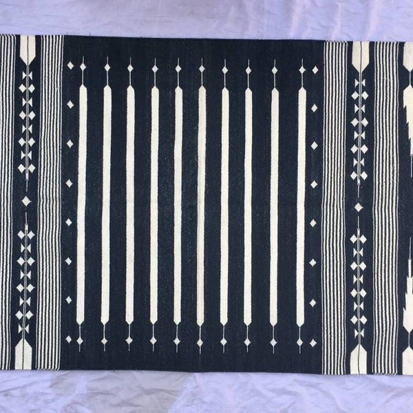 3x5 Black and White Cotton Rug dhurrie- Stripes Handmade Rug