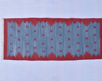 2x5Hand Woven Cotton Dhurrie Rug –Blue and Red Indian Kilim Runner