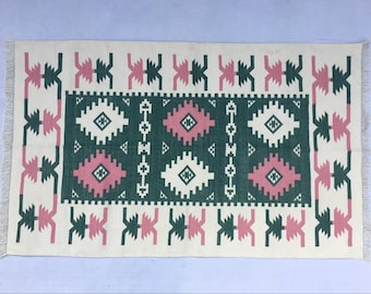 3'X5' Or 4'X6' Cotton Green,Pink And White Handmade Cotton Rug Dhurrie- Carpet