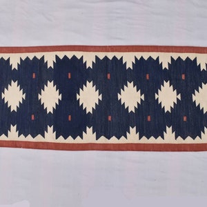 Multiple Sizes Cotton Blue And Red With white Modern  Hand woven Runner Rug- Reversible Runner Kilim