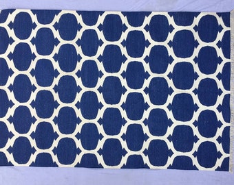 Hand Woven Cotton Dhurrie Rug - Navy and White Geometric