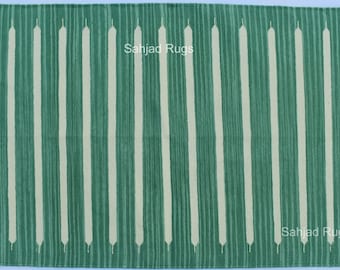 Handwoven Cotton Green and White Striped Rug – Flat Weave Kilim Style, Indian Reversible Dhurrie