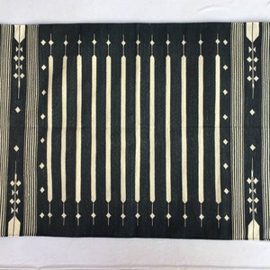 May include: A rectangular, dark blue rug with a cream-colored geometric pattern. The design features vertical stripes in the center and decorative elements on the sides, creating a symmetrical and visually appealing textile.