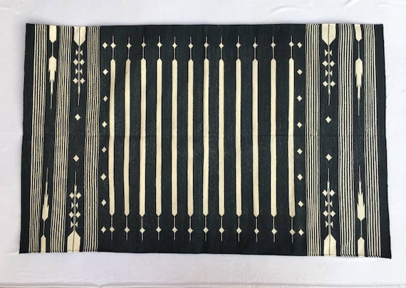 3x5 Cotton Without Tassels Black and White Rug - Stripes Handmade Rug