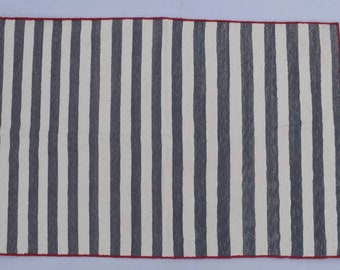 4x6 Grijs en Wit Hand geweven Strepen Vloerkleed Dhurrie - Handgemaakt Kilim Vloerkleed