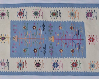 Hand Woven Cotton Dhurrie Rug (3x5 ft) - Light Blue & White Kilim
