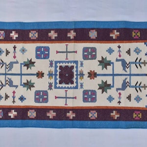 3x5 Cotton Beautiful Blue Border with Mix Colourful Hand woven Dhurrie Rug- Carpet Design Kilim Rug