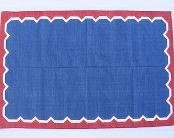 Tapis en coton indigo et rouge tissé à plat, fait main - Style Kilim 4x6