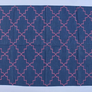 Blue and Pink Cotton Handmade Modern Rug- Flat weave and Hand woven Kilim Rug