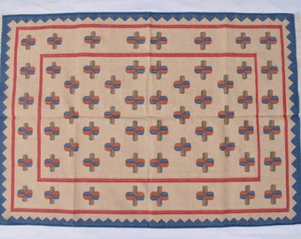 Multiple Sizes Beige & Blue Cotton Handmade Flower Design Rug- Flat weave and Hand woven Reversible Kilim Rug