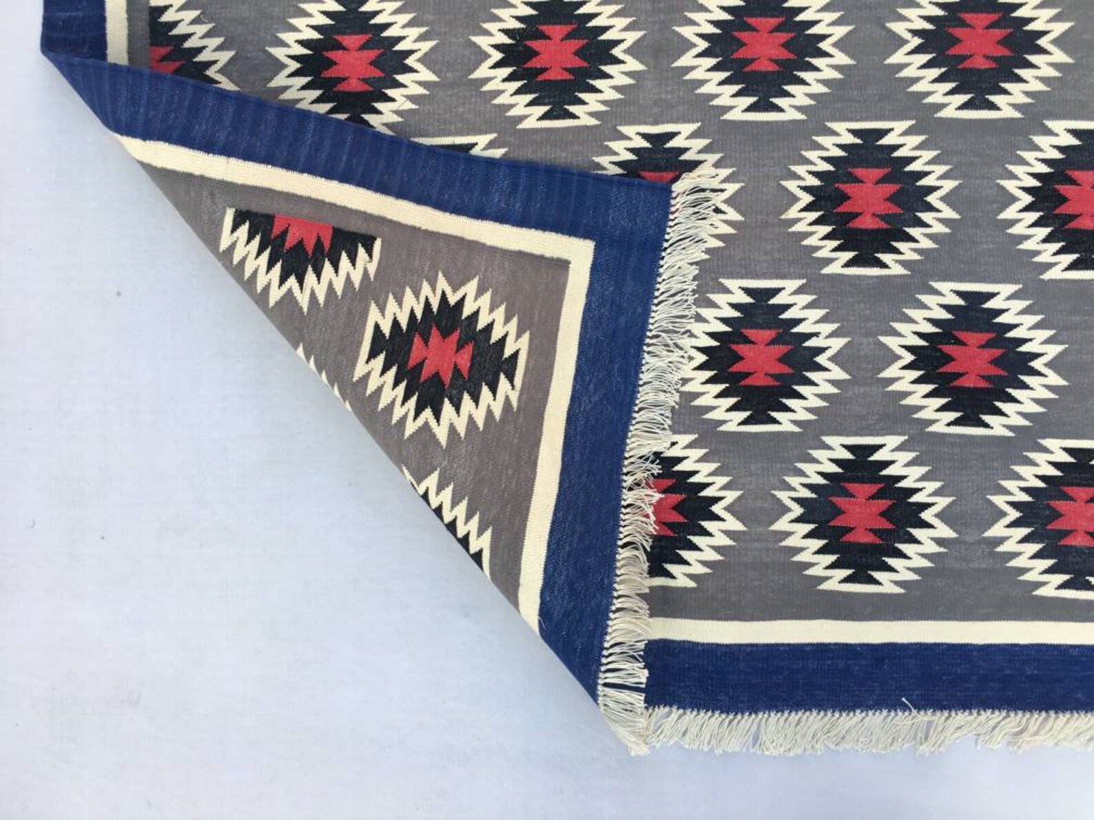 Multiple Sizes Greyredblack and Blue Cotton Rug Dhurrie Etsy