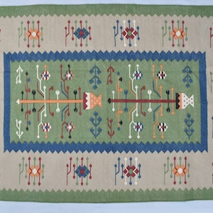 4x6 Cotton Green and Beige Rug - Premium design Hand woven Reversible Dhurrie Rug Kilim