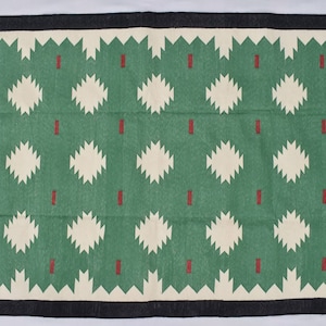 Multiple Sizes Green and Black Cotton Handmade Modern Rug- Flat weave and Hand woven Kilim Rug