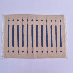 2x3,2x4 Beige and Blue Striped Modern Cotton Hand Woven Small Size Rug