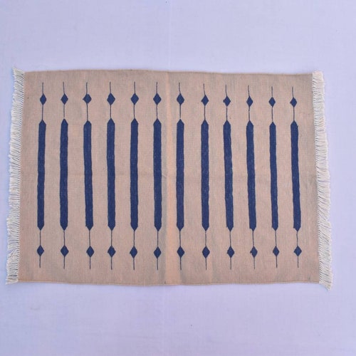 Tapis moderne en coton tissé à la main, rayé beige et bleu, 2x3, 2x4