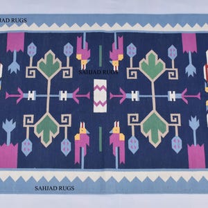 3x5 Cotton Hand Woven Navy blue and sky blue Rug - Traditional design Hand woven Reversible Dhurrie Rug Kilim