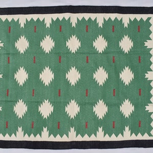 Square Sizes Green and Black Cotton Handmade Modern Rug- Flat weave and Hand woven Kilim Rug