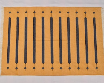 Square Sizes Golden Yellow with Blue Stripes Handmade Modern Design Rug - Beautiful Flat weave Yellow Kilim