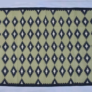 Multiple Sizes Light Green & Black Cotton Handmade Kilim Rug - Flat weave and Hand woven Reversible Kilim Rug