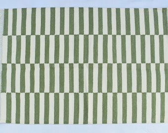 Green and White Cotton Handmade Modern stripes Reversible Rug- Flat weave and Hand woven Kilim Rug