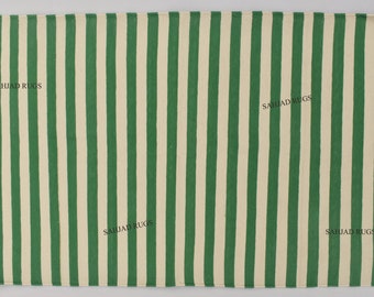 Green and White Stripes Handwoven Cotton Rug –  Flatweave Kilim Area Carpet