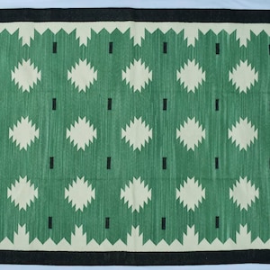 Multiple Sizes Rustic Green and Black Cotton Handmade Modern Rug- Flat weave and Hand woven Kilim Rug
