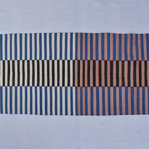 2x6 Blue and and white With Black Modern Stripes Hand woven Runner Rug- Reversible Runner Kilim